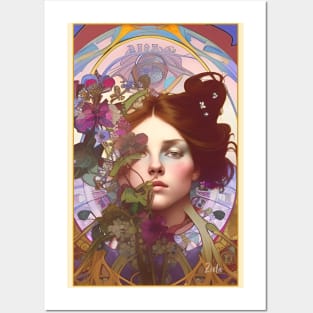 Dreamy art deco style design of girl with purple flowers Posters and Art